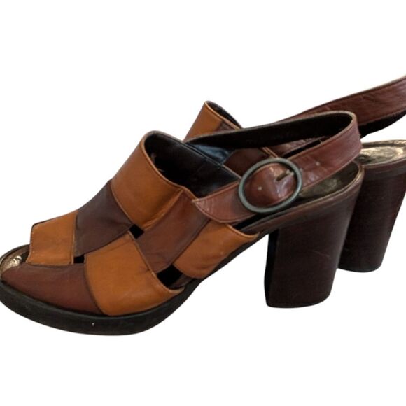 70s‎ Vintage Two Tone Brown Leather Women's Platform Heels - Picture 3 of 11